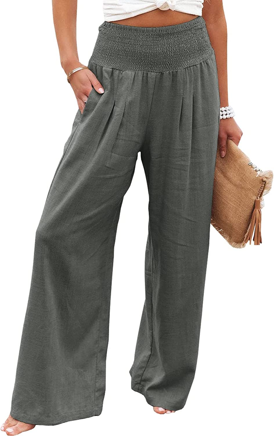 Vansha Women Summer High Waisted Cotton Linen Palazzo Pants Wide Leg Long  Lounge Pant Trousers with Pocket