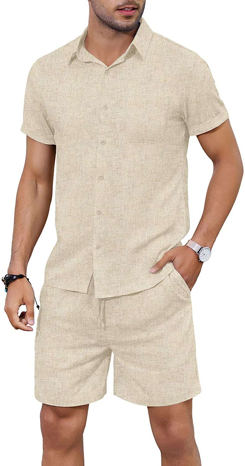 COOFANDY Men 2 Piece Linen Set Casual Short Sleeve Shirt and Short ...