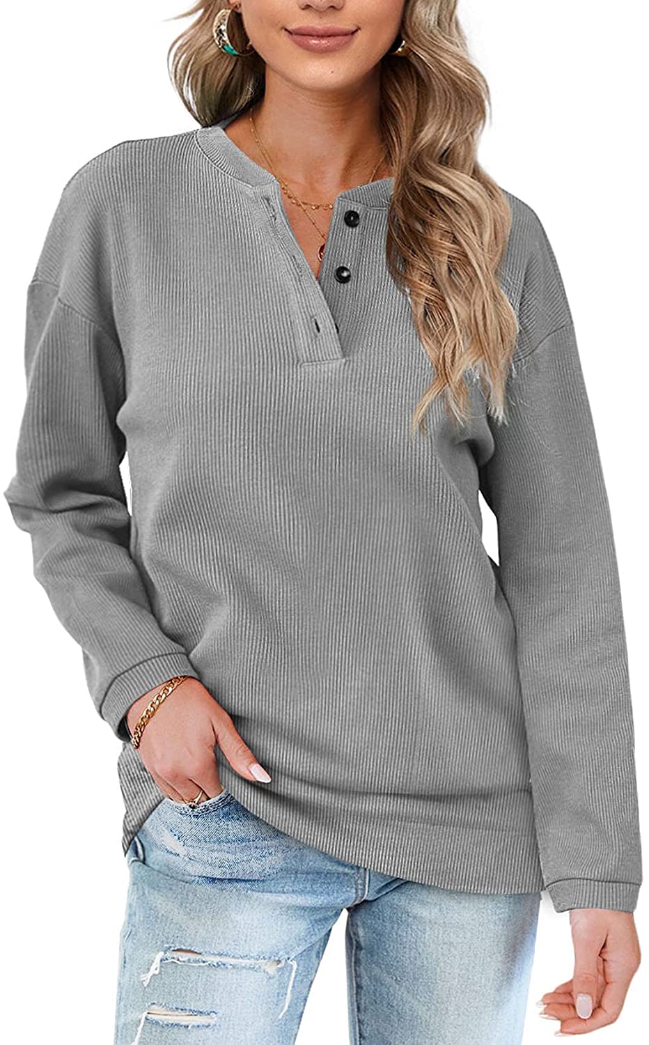 OFEEFAN Womens Casual Sweatshirts Henley Button Up Long Sleeve Tunic Tops