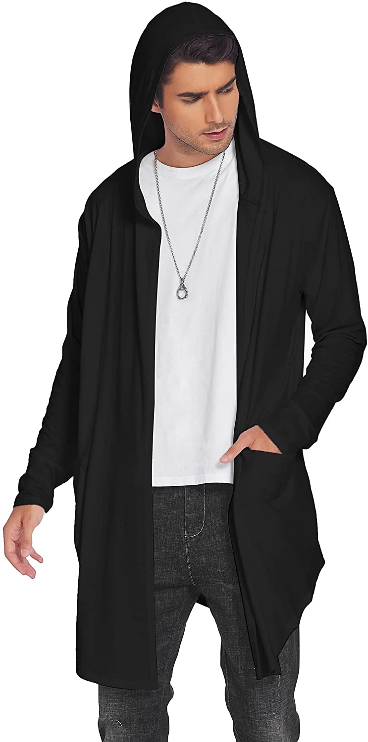 COOFANDY Men's Long Hooded Cardigan Shawl Collar Lightweight Open Front Drape Cape Overcoat with Pockets 
