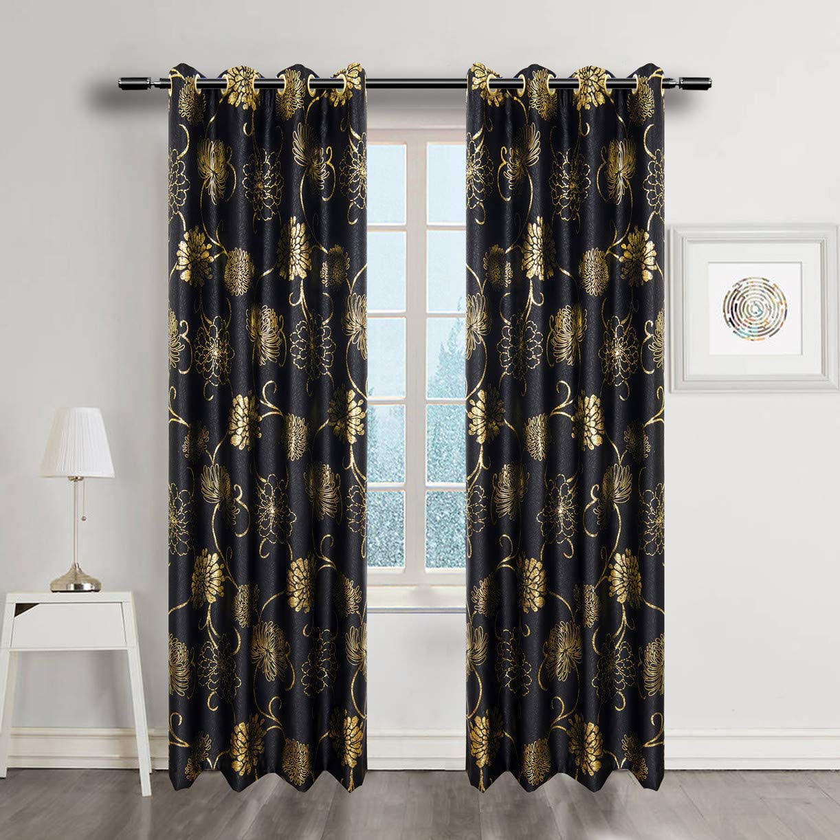 MYRU Black and Gold Blackout Curtains for Bedroom, Luxury Flower ...