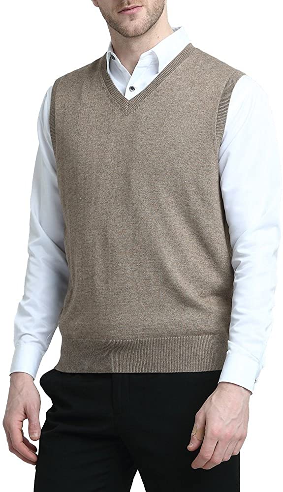 Kallspin Men's Wool Blended Relaxed Fit Sweater Vests Knit V-Neck  Sleeveless Sweater