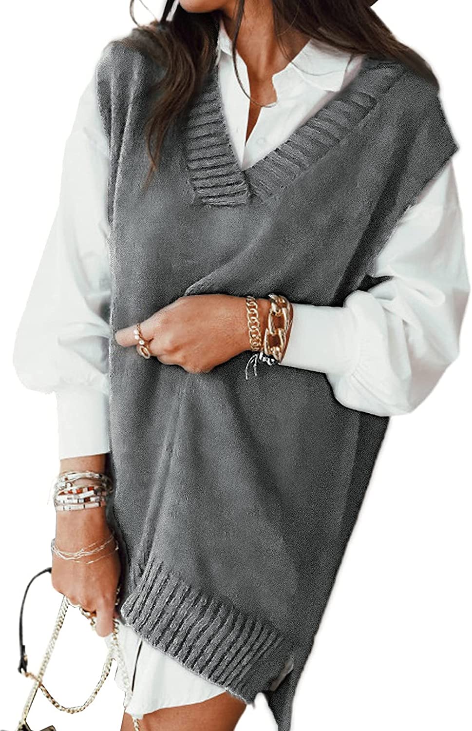 EVALESS Oversized Sweater Vest for Women V Neck Sleeveless Solid Color  Loose Pul