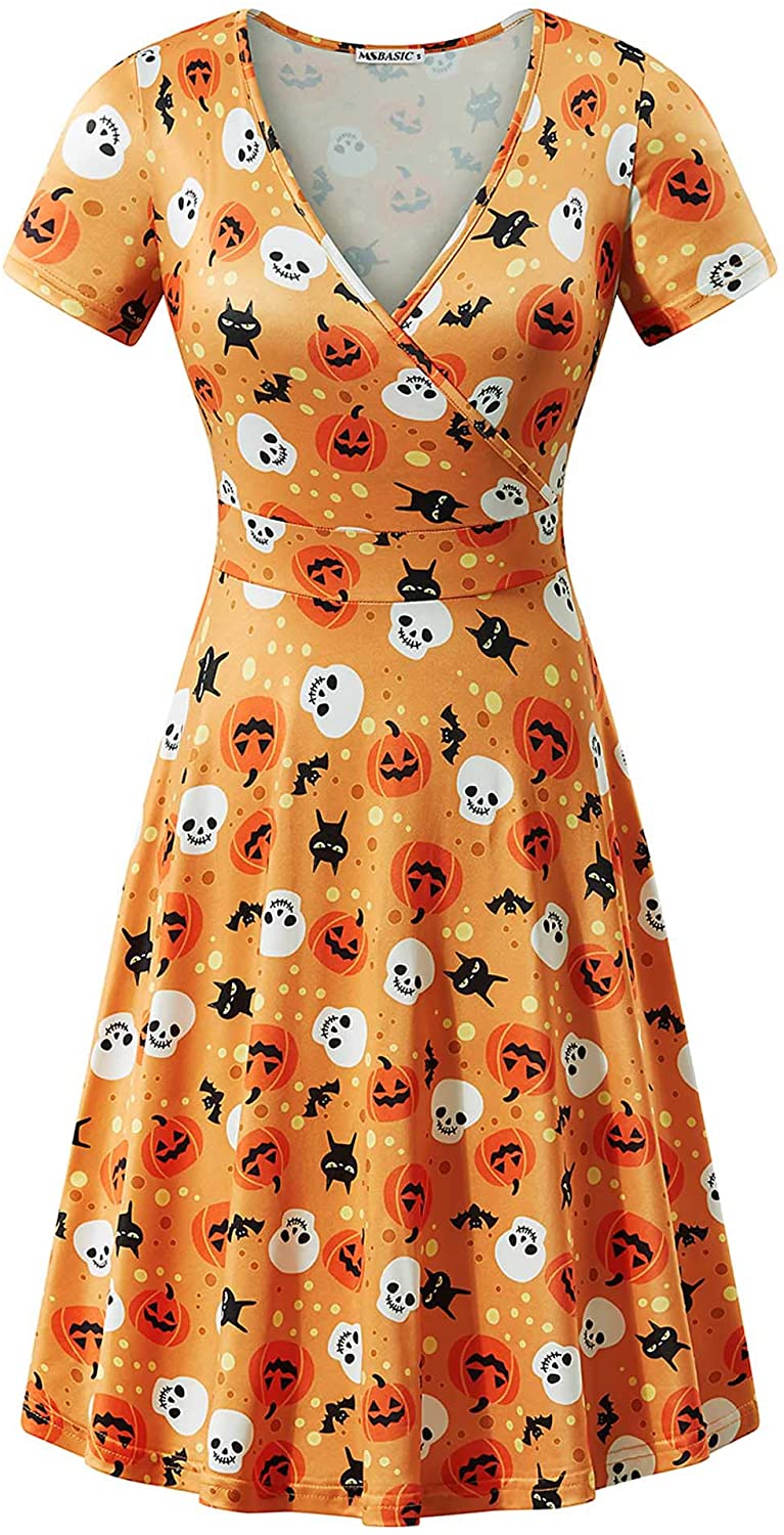 MSBASIC Short Sleeve Wrap V Neck Casual A Line Halloween Dress