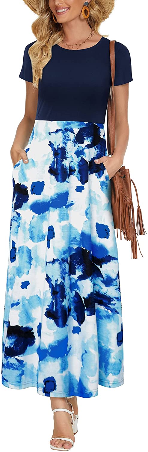 ZABERRY Women's Short Sleeve Round Neck Casual Summer Flowy Maxi Dresses  with Po | eBay