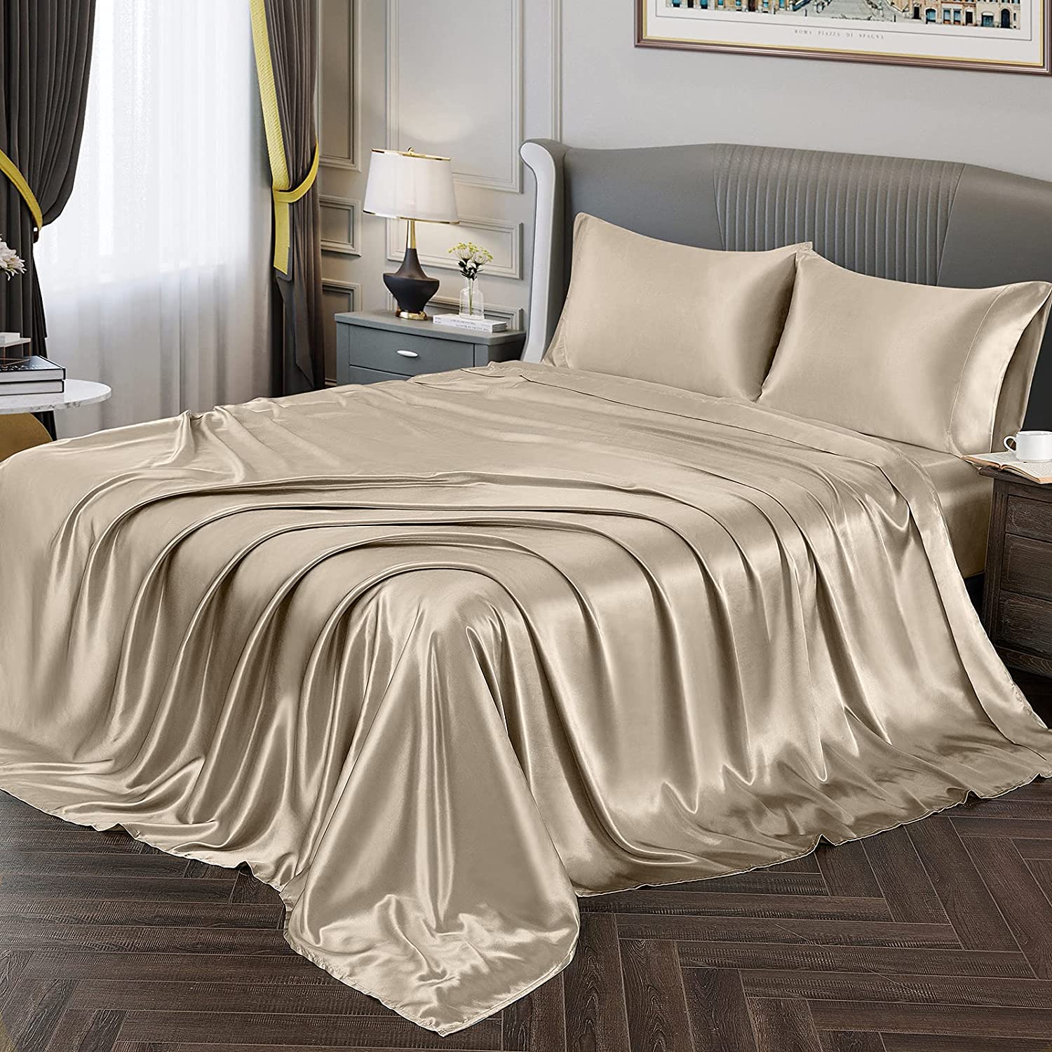 Vonty Satin Sheets Queen Size Silky Soft Satin Bed Sheets Silver Grey Satin  Shee