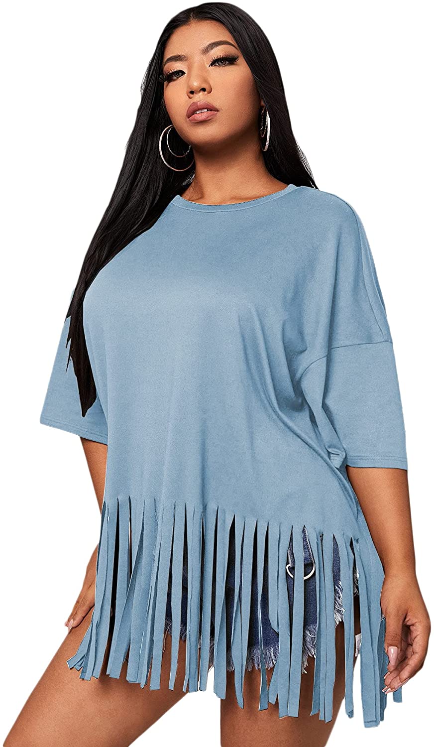 SOLY HUX Women's Plus Size Fringe Hem Half Sleeve Tee Casual Summer T Shirt  Top