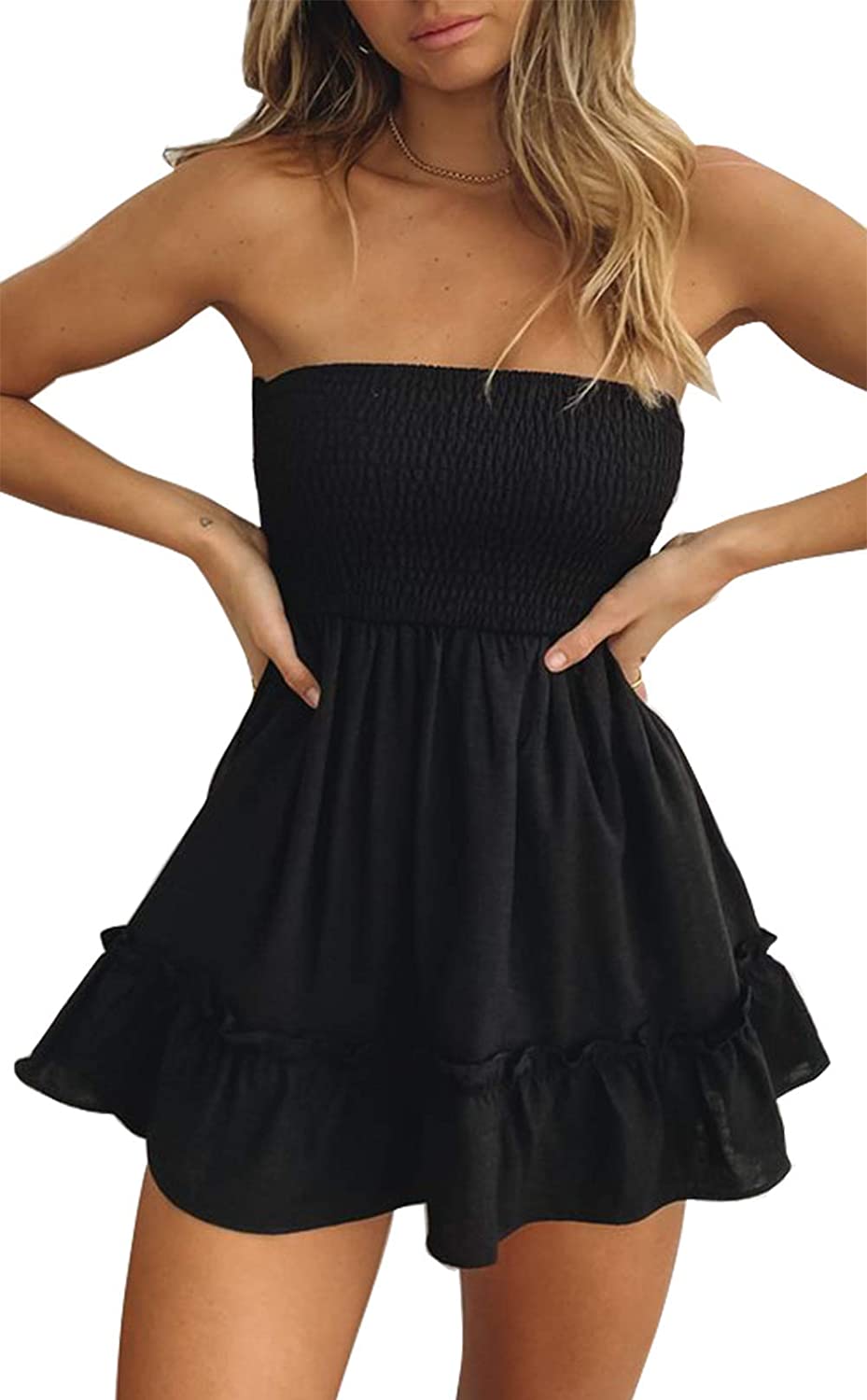 Tube Top Dress for Women Summer Solid Strapless Mini Dresses, Off The  Shoudle Ru