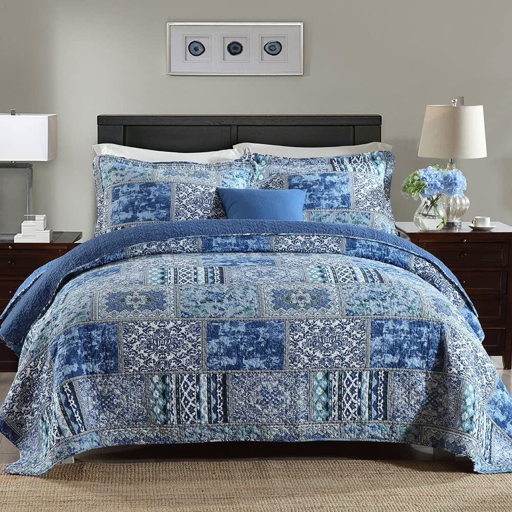 NEWLAKE Cotton Bedspread Quilt Sets-Reversible Patchwork Coverlet Set Blue Clas