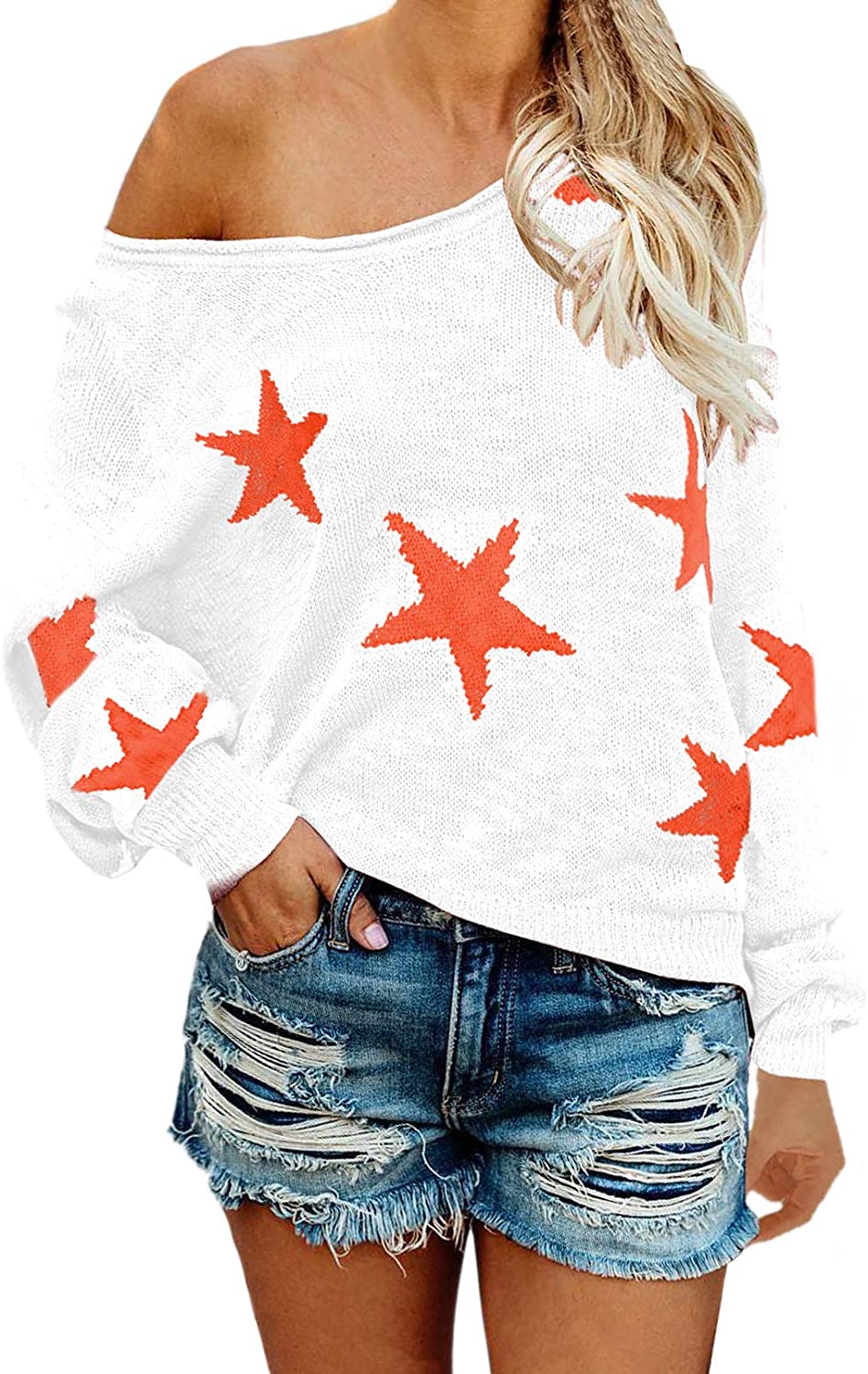 COCOLEGGINGS Women's Scoop Neck Long Sleeve Star Pullover Sweater Tunic Tops