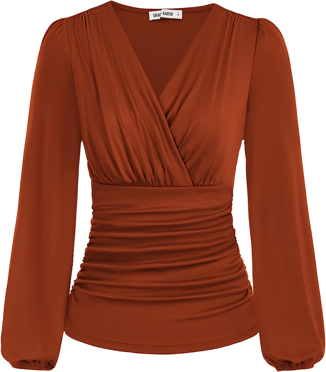 GRACE KARIN Women's Satin Silk Blouse Lapel V Neck Long Sleeve Casual Work  Blouse Shirts Pullover Tops