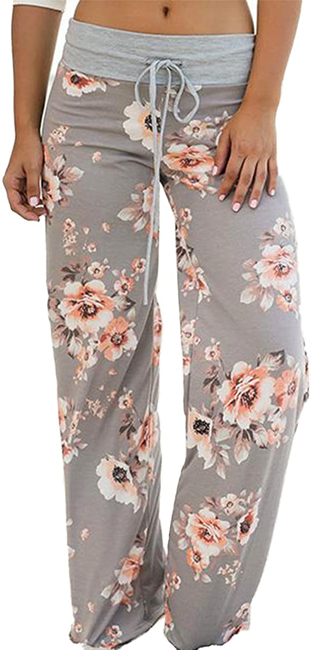 KKYT Womens Comfy Stretch Floral Print Drawstring Palazzo Wide Leg Lounge Pants 