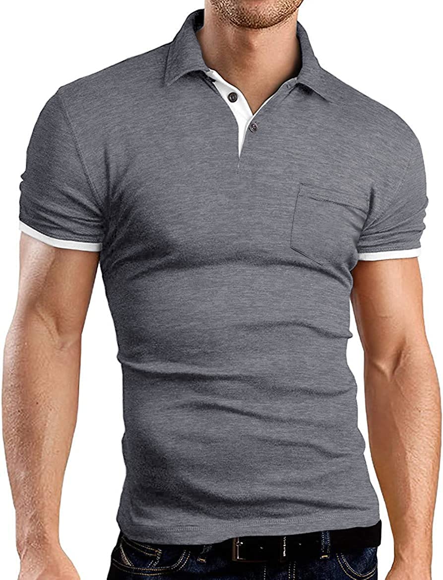 KUYIGO Men's Short&Long Sleeve Polo Shirts Casual Slim Fit Solid Soft Cotton Pocket Shirt 