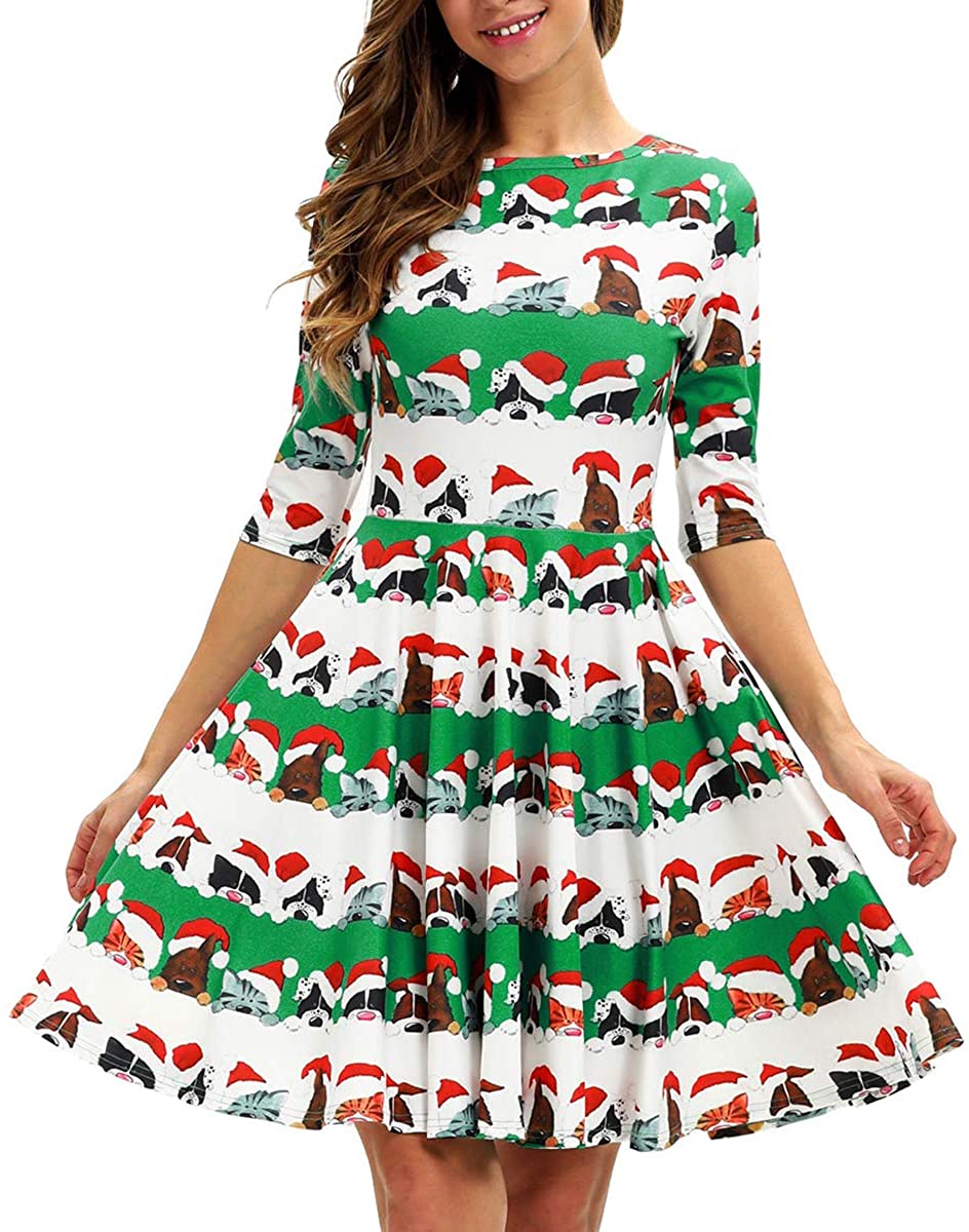 GLUDEAR Women's Ugly Christmas Xmas 3D Printed Short Sleeve Unique Flared Dress