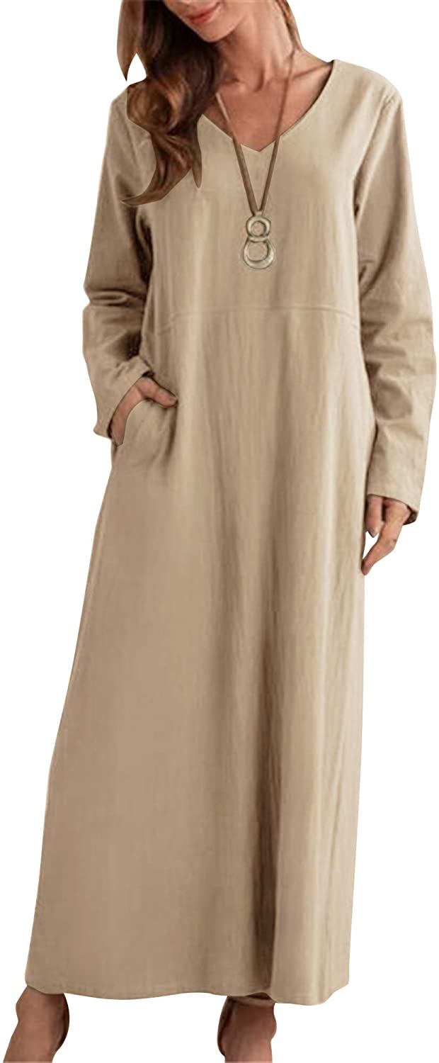 AUDATE Women's Maxi Dress Solid Plus Size Loose Cotton Linen Long ...