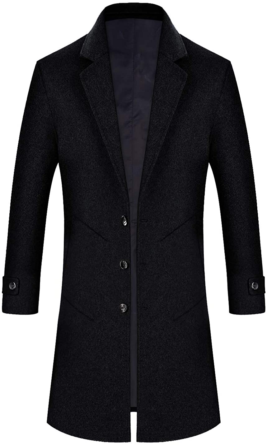 zeetoo Men's Wool Trench Coat Winter Slim Fit Wool Jacket Long