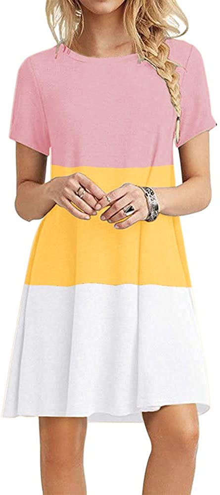 Women's Short Sleeve Crew Neck Swing Dresses Color Block Summer Loose  Casual A-l | eBay
