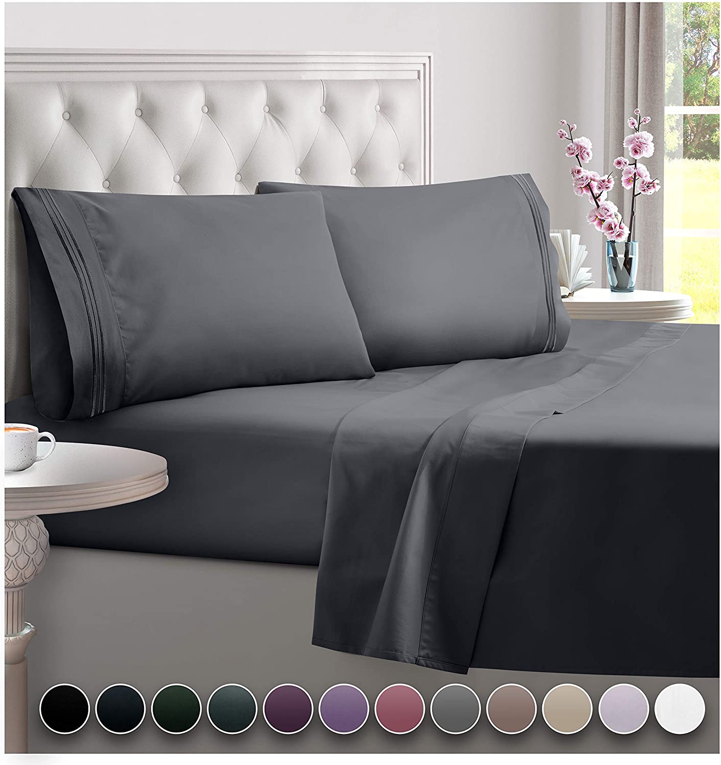 DREAMCARE - Bed Sheets Set - Queen Size Sheet with Side Pocket - 4pcs Set,  15 inches, Gray