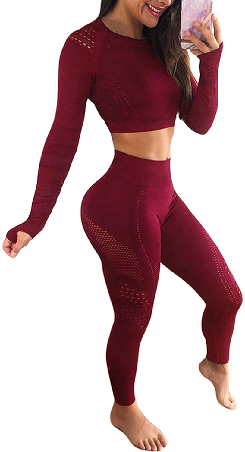 YOFIT Women's Seamless Yoga Leggings and Long Sleeve Crop Top Gym Outfit Set