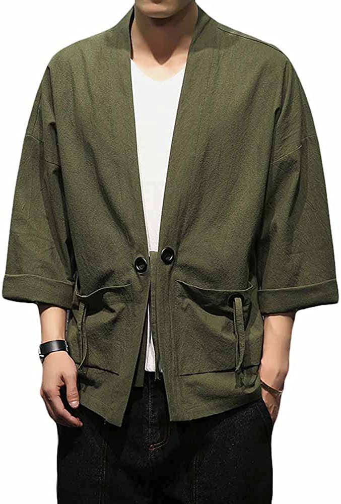 PRIJOUHE Men's Japanese Style Kimono Cardigan Jacket Cotton Blends Linen Seven Sleeves Solid Color Open Front Coat 