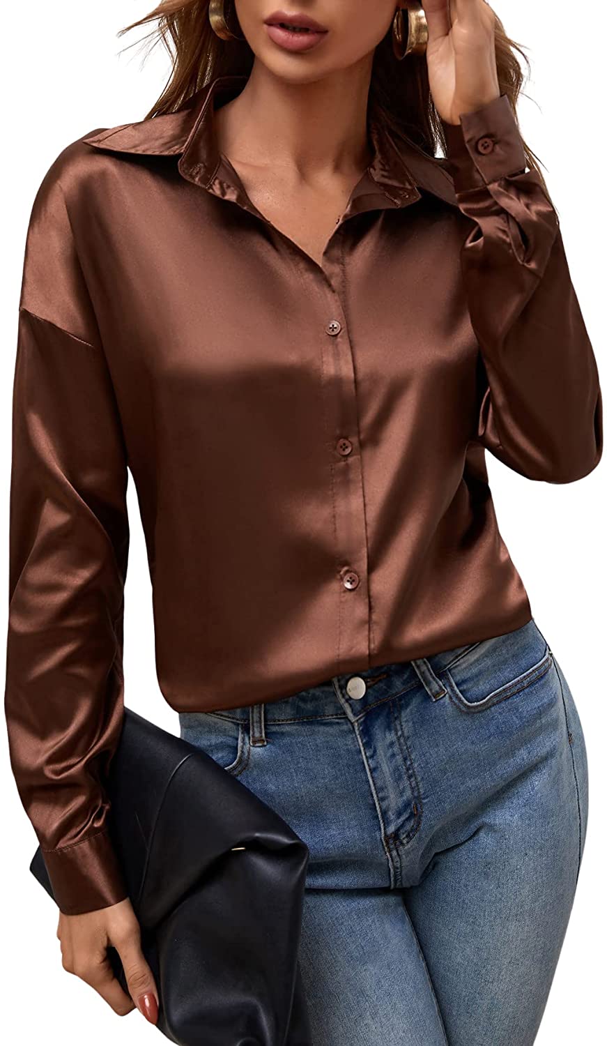 MakeMeChic Women's Oversized Satin Silk Long Sleeve Button Down