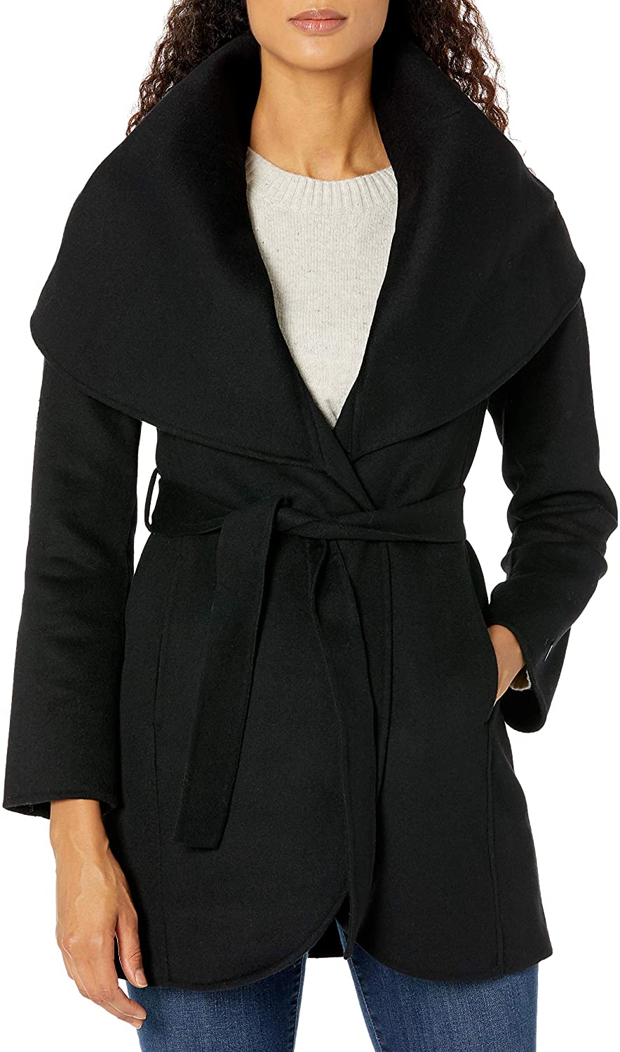 T Tahari womens Double Face Wool Blend Wrap Coat With Oversized Collar