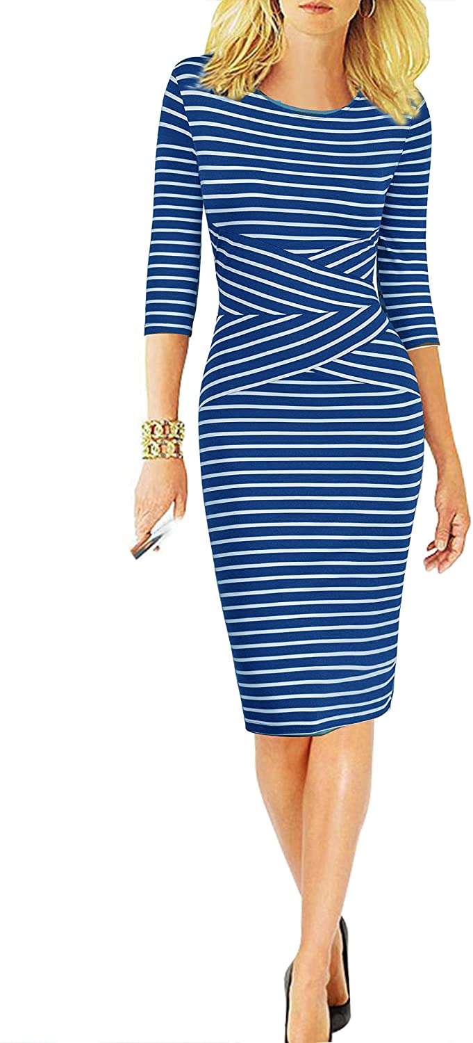 REPHYLLIS Women 3/4 Sleeve Striped Wear to Work Business Cocktail Pencil  Dress | eBay