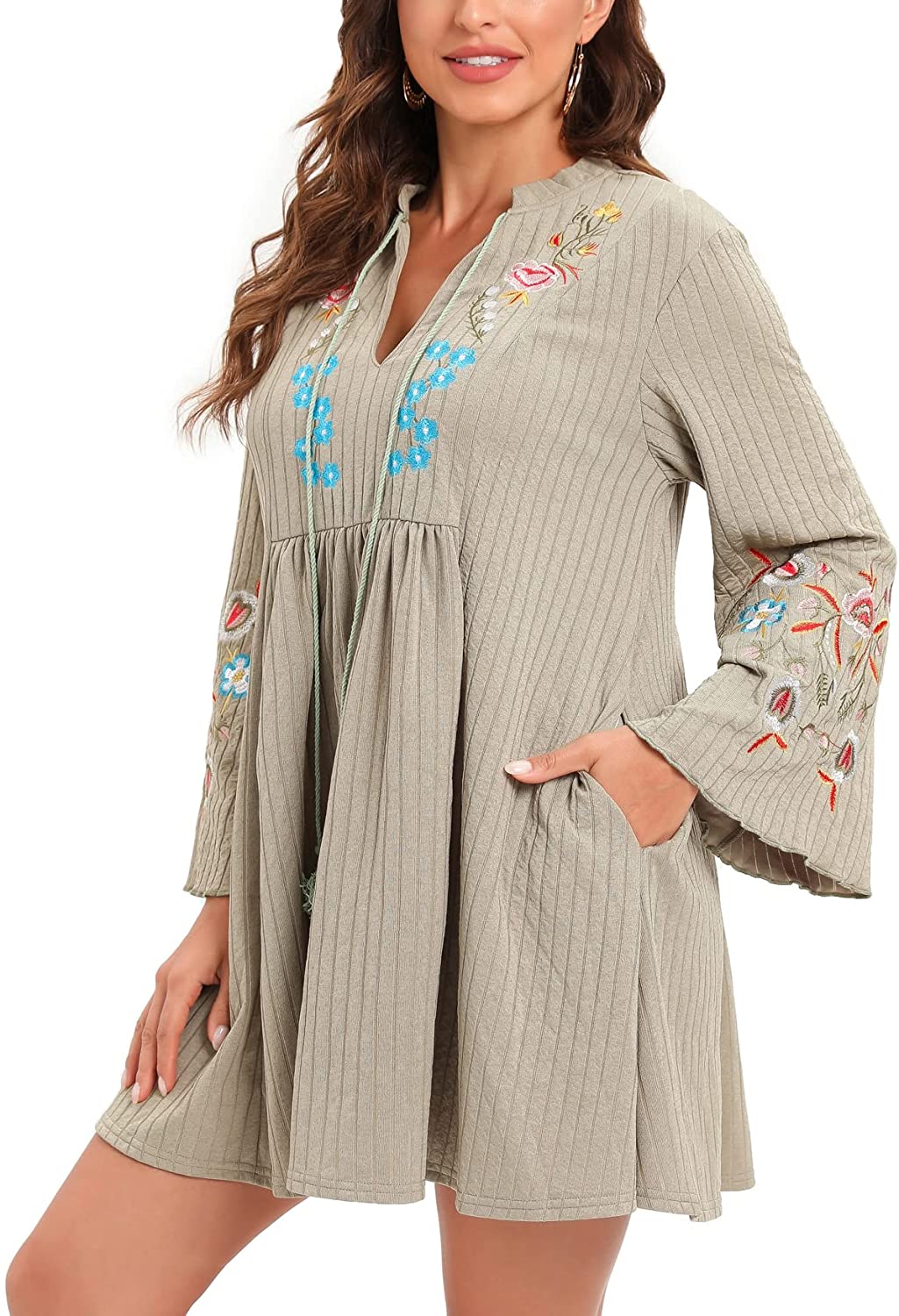 Roiii Women A Line Knitting Loose Length Sleeve Casual Dresses V Neck Embroidery Ebay 2532