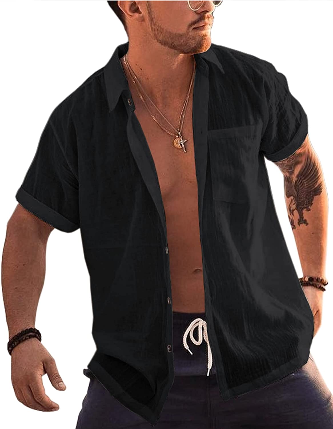 Bbalizko Mens Short Sleeve Button Up Shirts Linen Cotton Beach Tops Spread  Colla