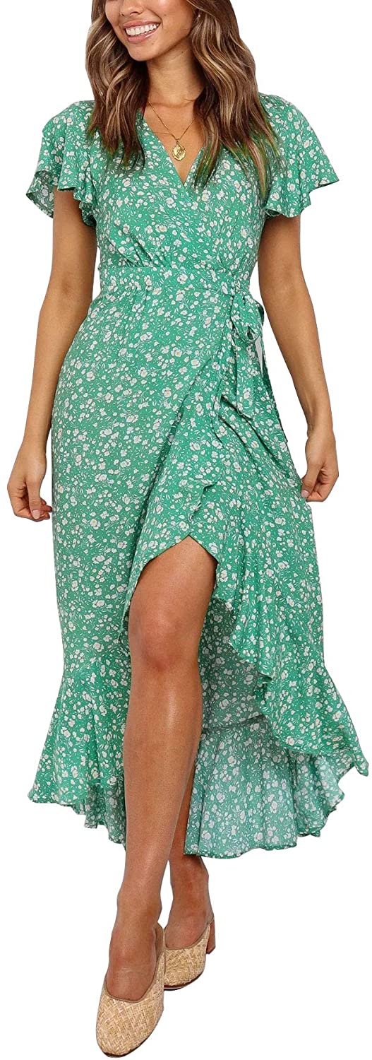 ZESICA Women's Summer Bohemian Floral Printed Wrap V Neck Beach Party Flowy Ruffle Midi Dress