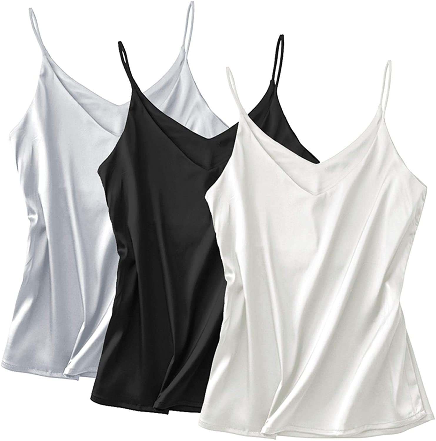 Miqieer Basic 3 Pack Women's Silk Tank Top Ladies V-Neck Camisole Silky ...