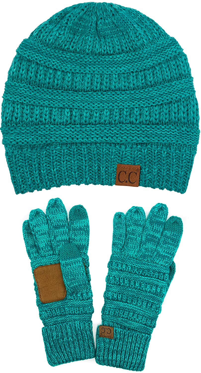 C.C Unisex Soft Stretch Cable Knit Beanie and Anti-Slip Touchscreen Gloves 2 Pc Set 2 Pc Set 