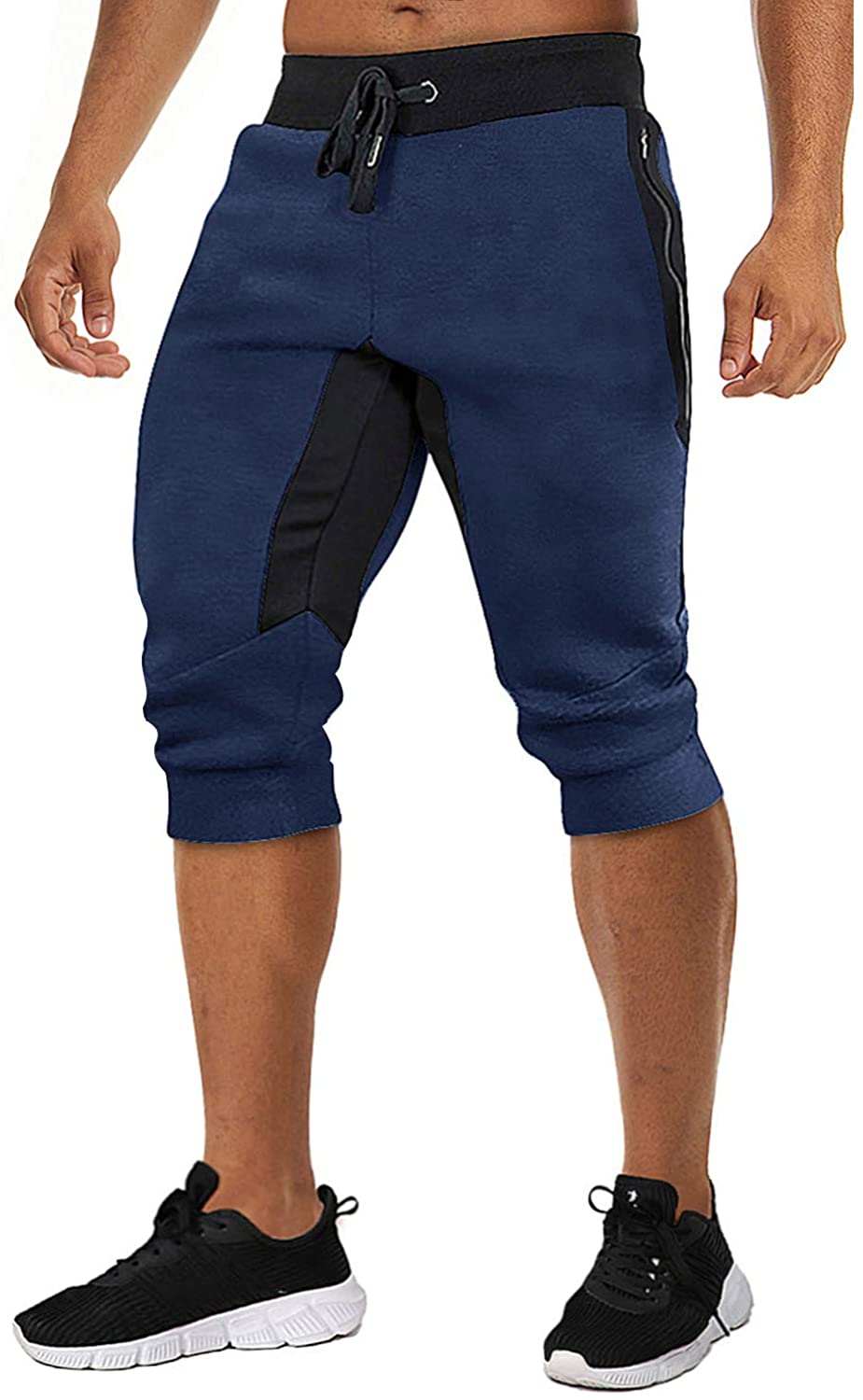KEFITEVD Mens Summer 3/4 Running Shorts Breathable Sport Short Pants Knee Length Jogger Shorts with Zipper Pockets 