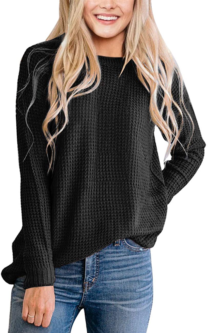 MEROKEETY Women's Long Sleeve Waffle Knit Sweater Crew Neck Solid Color  Pullover