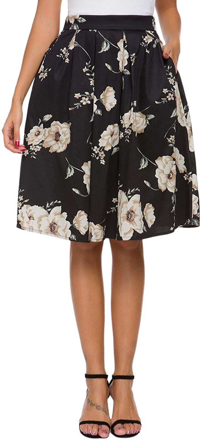 thumbnail 9  - Tandisk Women&#039;s Vintage A-line Printed Pleated Flared Midi Skirt with Pockets