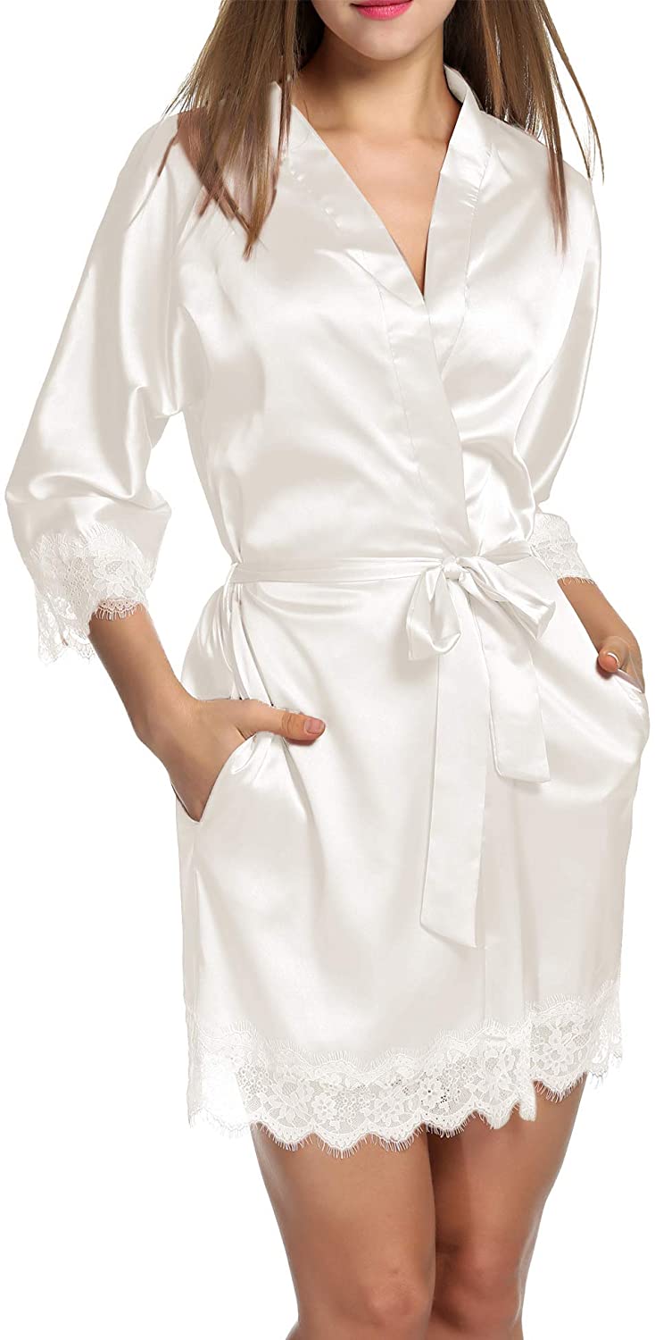 Hotouch Women's Pure Color Short Satin Kimono Robes with Oblique V