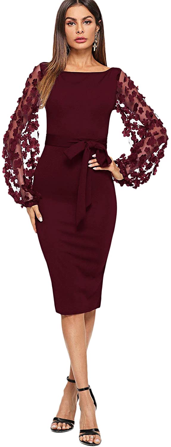 Houshelp Womens High Neck Long Mesh Bishop Sleeve Dress Stretchy Bodycon Pencil Dress Midi Length tretch Elegant Dress