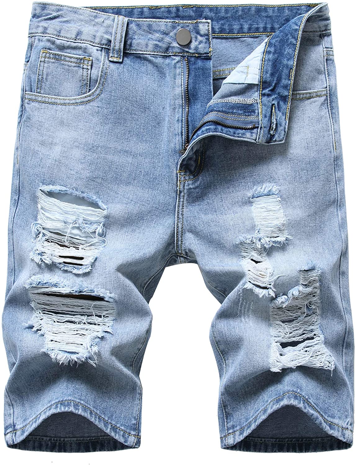 Denim Shorts for Men Summer Vintage Washed Ripped Distressed Straight Fit Knee Length Casual Jean Shorts 