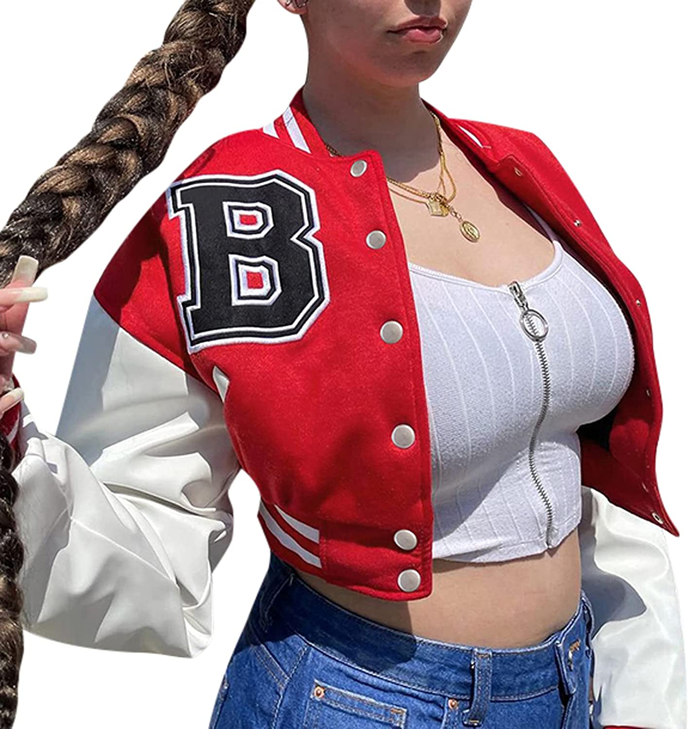 Passec Women Varsity Jacket Long Sleeve Cropped Baseball Jacket Bomber Coats Y2K Streetwear Fashion