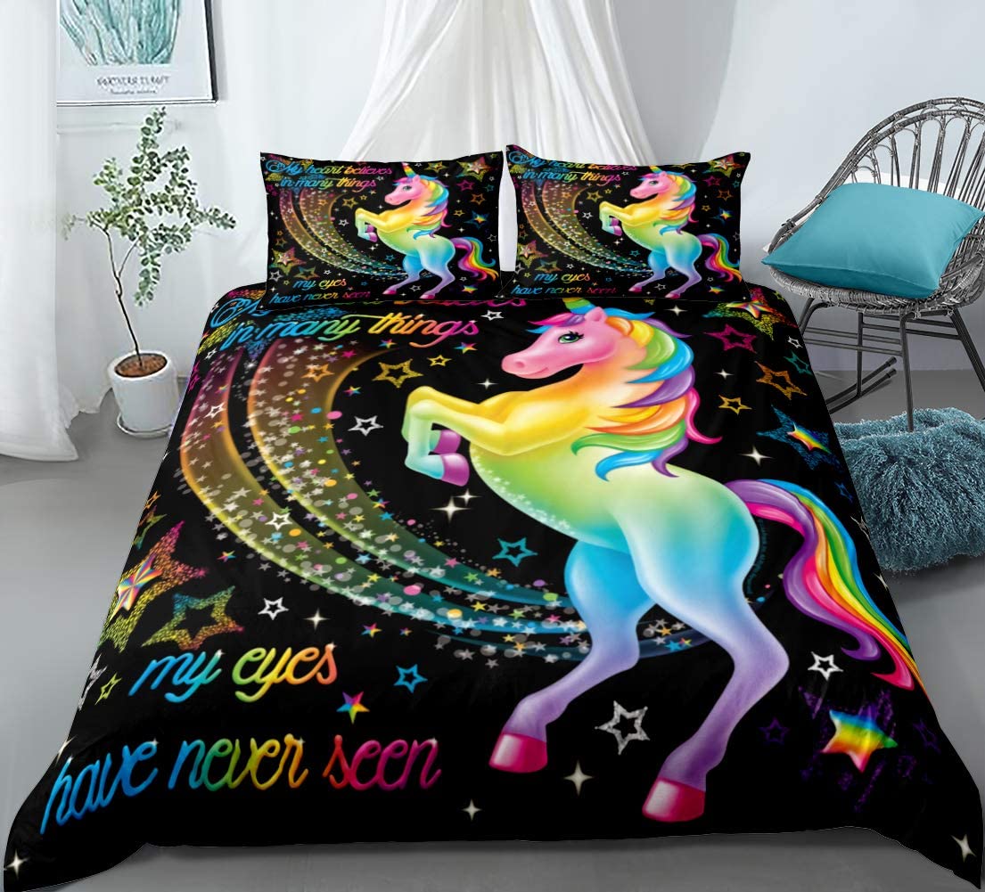Rainbow Unicorn Duvet Cover Set for Comforter US Twin Queen Size Bedding Set 