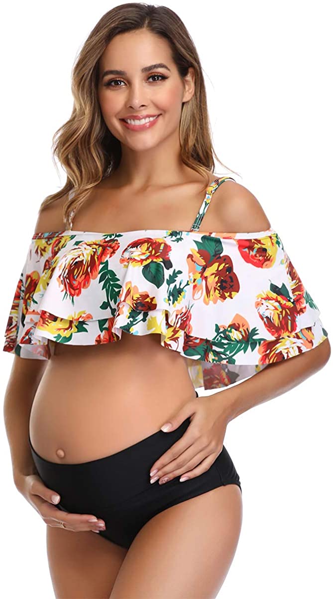 Womens Maternity Bikini Flounce Printed High Waisted Two Piece Swimsuit 