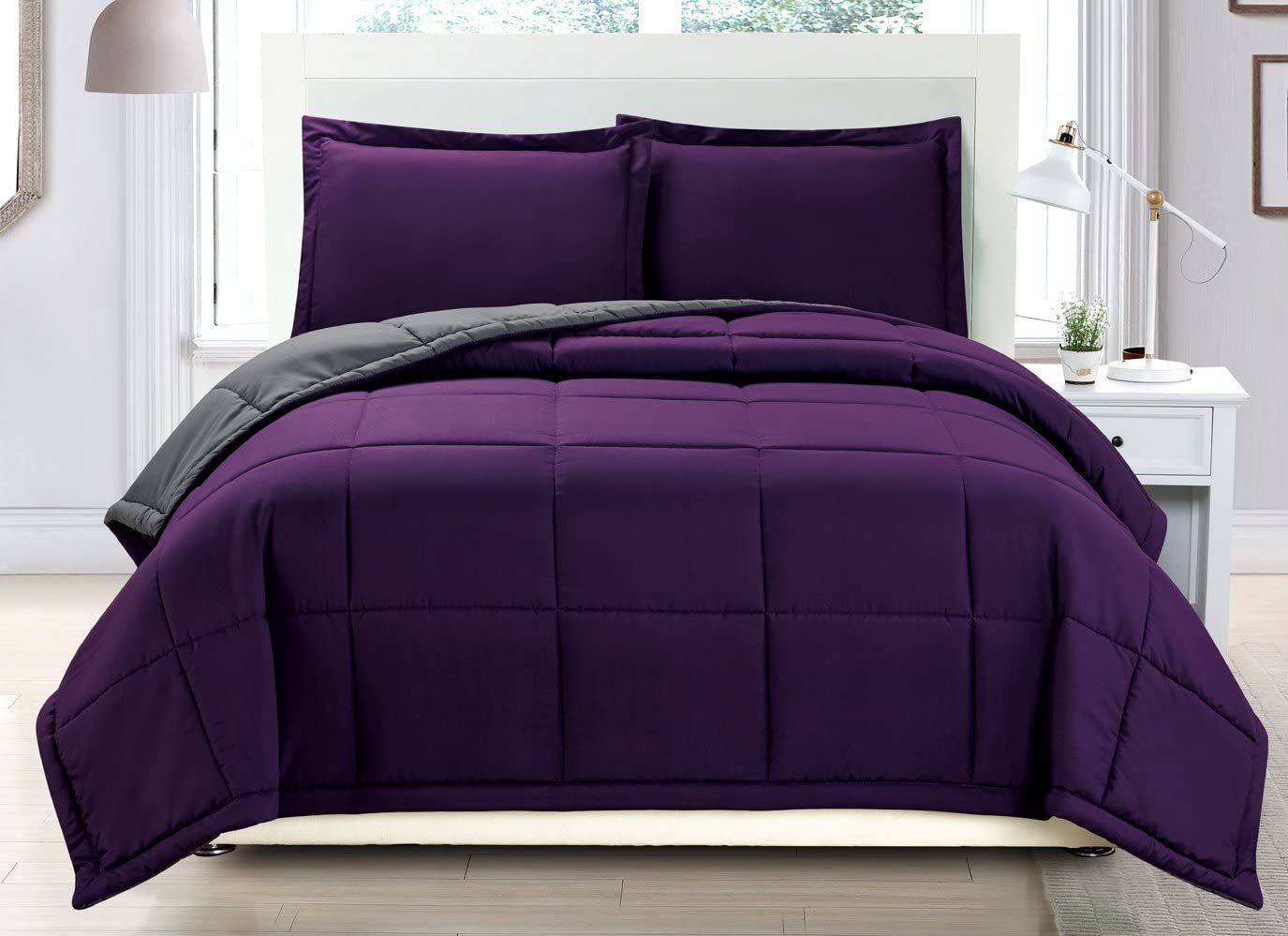 Grand Linen 3 Piece Luxury Dark Purple/Grey Reversible Goose