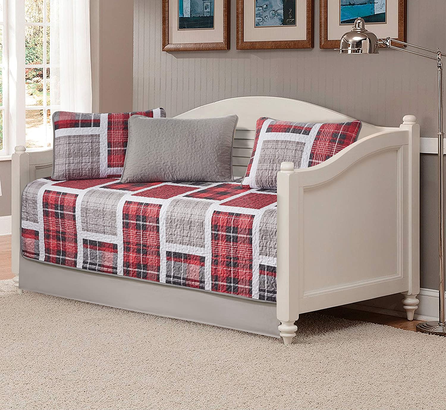 Linen Plus 5pc Daybed Cover Set Quilted Bedspread Patchwork Plaid Red Grey Black  eBay