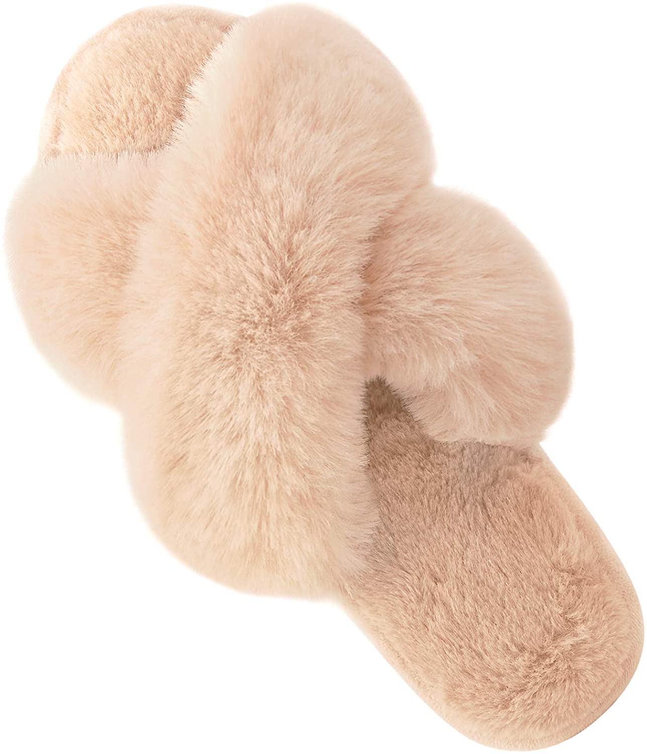 WOMEN'S CROSS BAND Slippers Soft Plush Furry Cozy Open Toe House Shoes ...