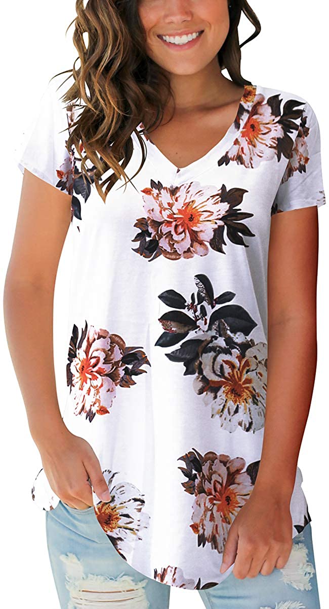 SAMPEEL Womens Summer Tops Floral Tees Short Sleeve Tunic V Neck T Shirts