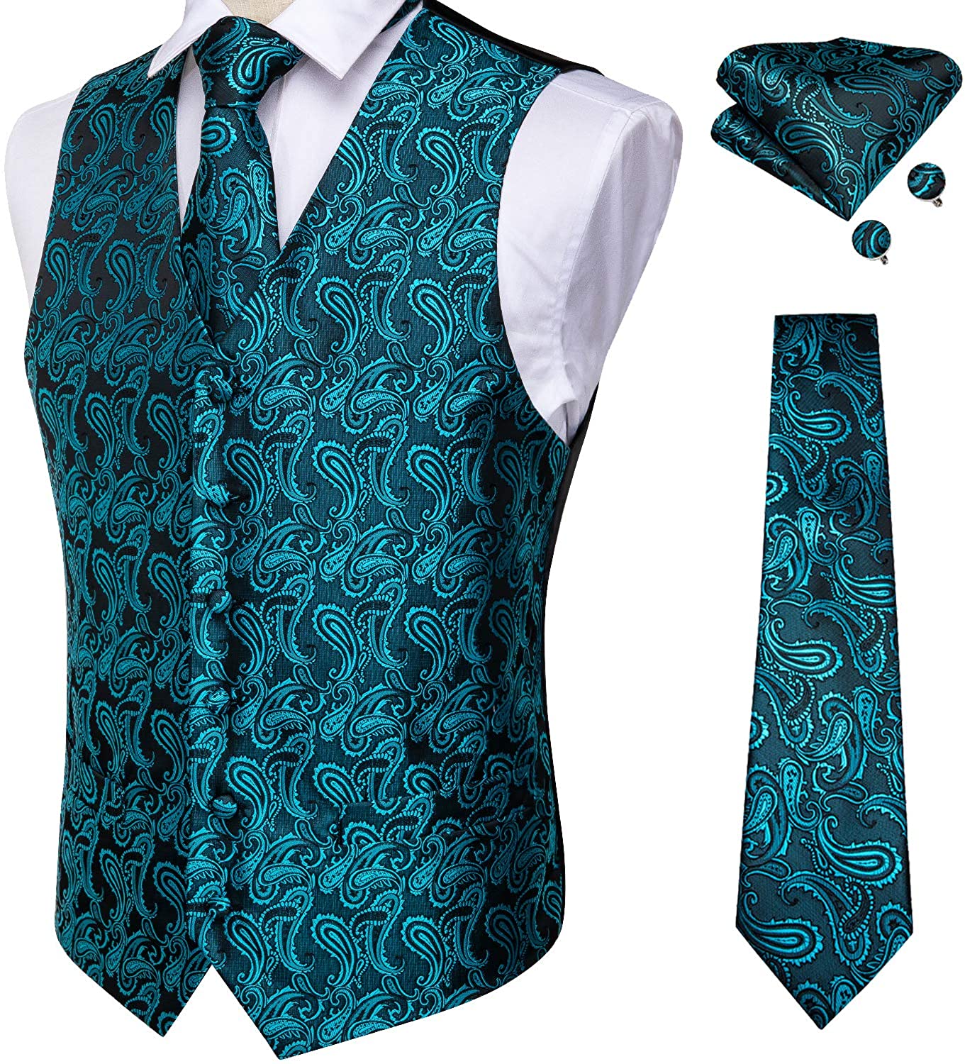 DiBanGu Men's Paisley Waistcoat and Necktie Pocket Square Cufflink Vest Suit Set for Tuxedo