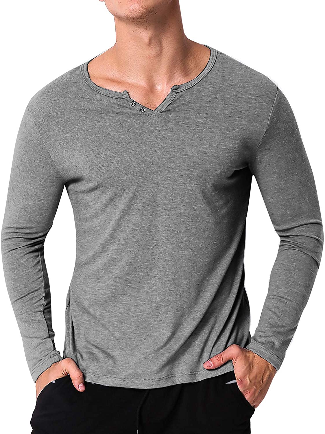 MODCHOK Men's Casual Henley T-Shirts Long Sleeve Slim Fit V Neck Basic ...