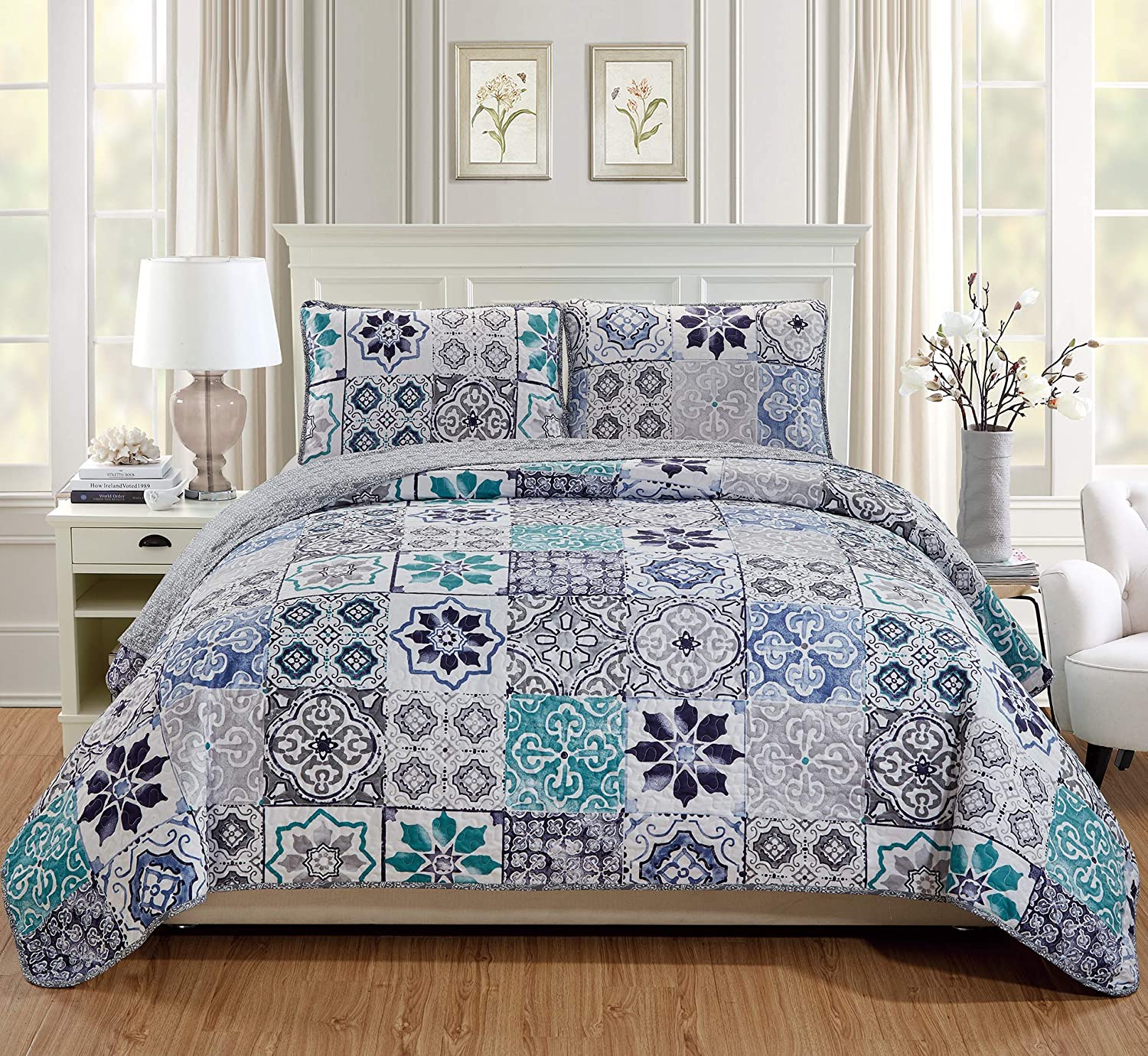 Mk Home 3pc King\/California King Oversized Quilted Bedspread Coverlet Set Floral  eBay