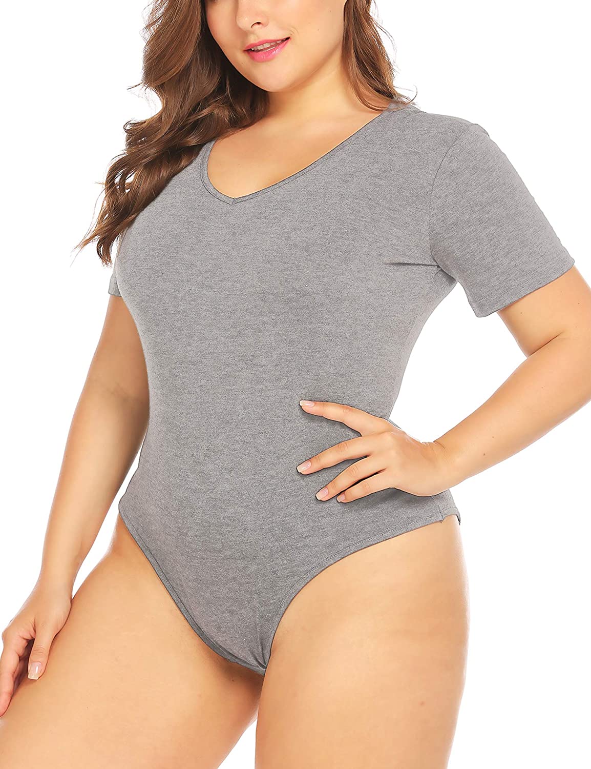OYOANGLE Women's Plus Size Basic Short Sleeve Bodysuit Scoop Neck T Shirts  Bodysuit