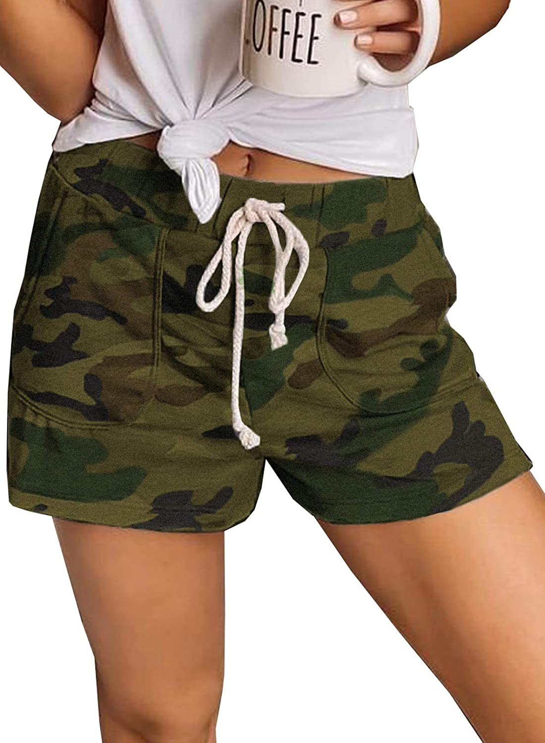 Acelitt Women Summer Drawstring Elastic Waist Casual Camo Shorts with Pockets 